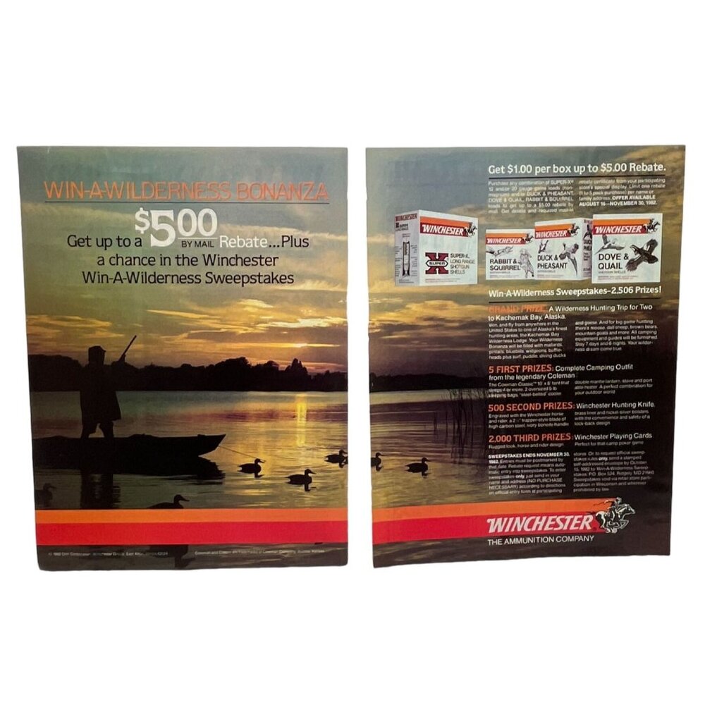 Winchester Ammunition Co Print Ad Vintage 1982 Lake Fishing Wilderness Bonanza